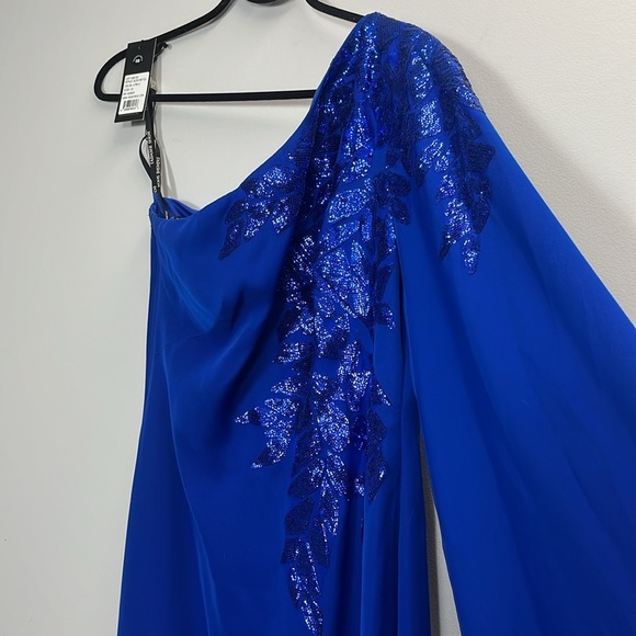 Tadashi Shoji One Shoulder Royal Blue Sequin Cape Sleeve Dress size 10 - Picture 4 of 6